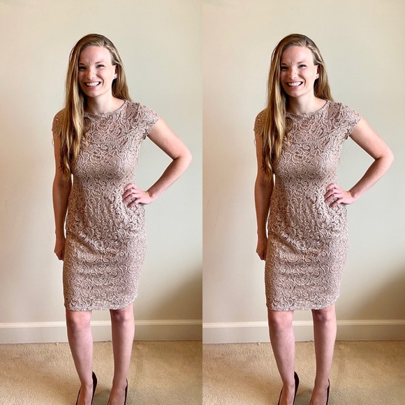 Marina champagne lace sequin short slv midi dress - Picture 3 of 8